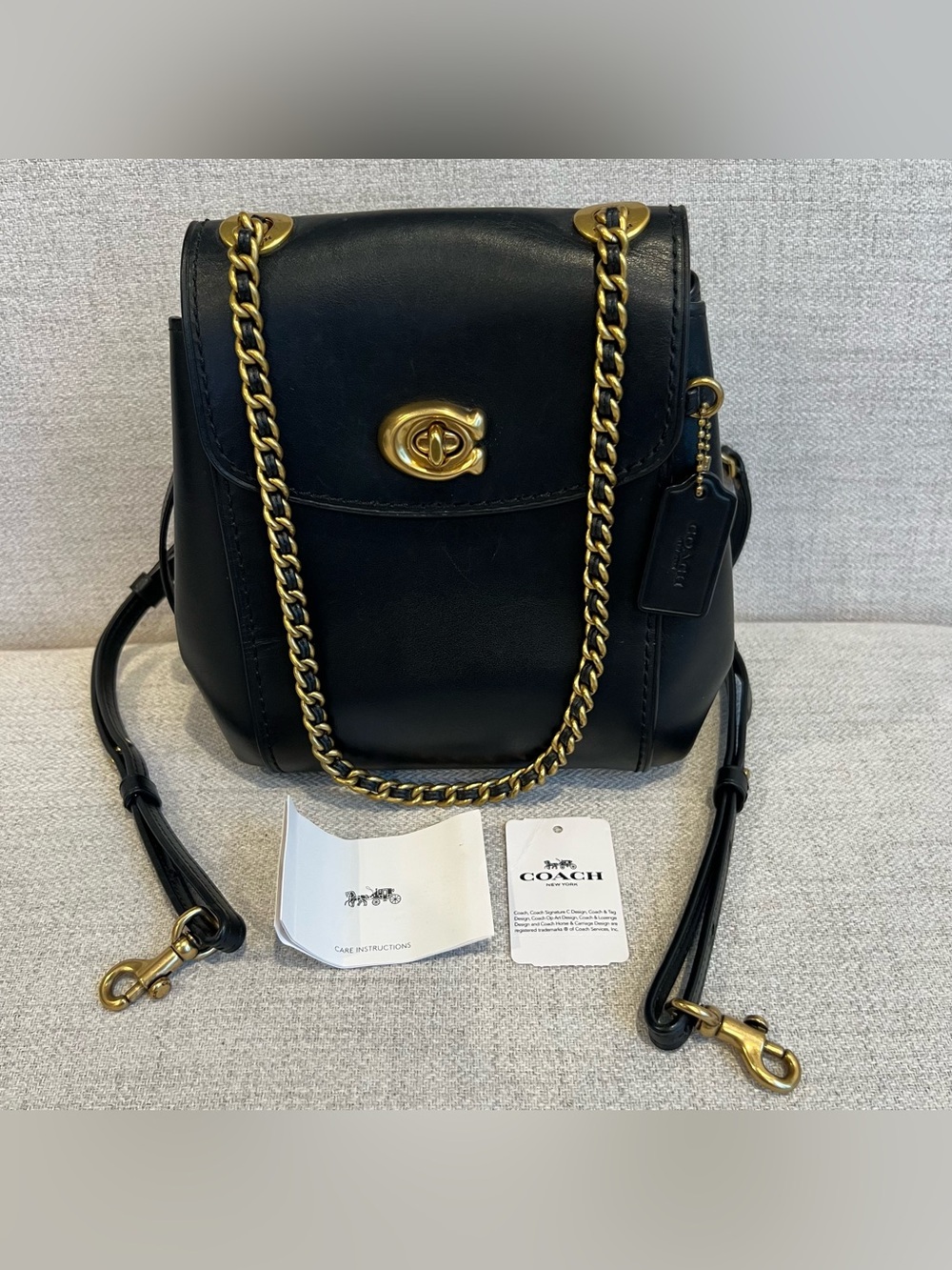 Coach Parker Leather Convertible Mini Backpack Chain Adjustable Strap Black